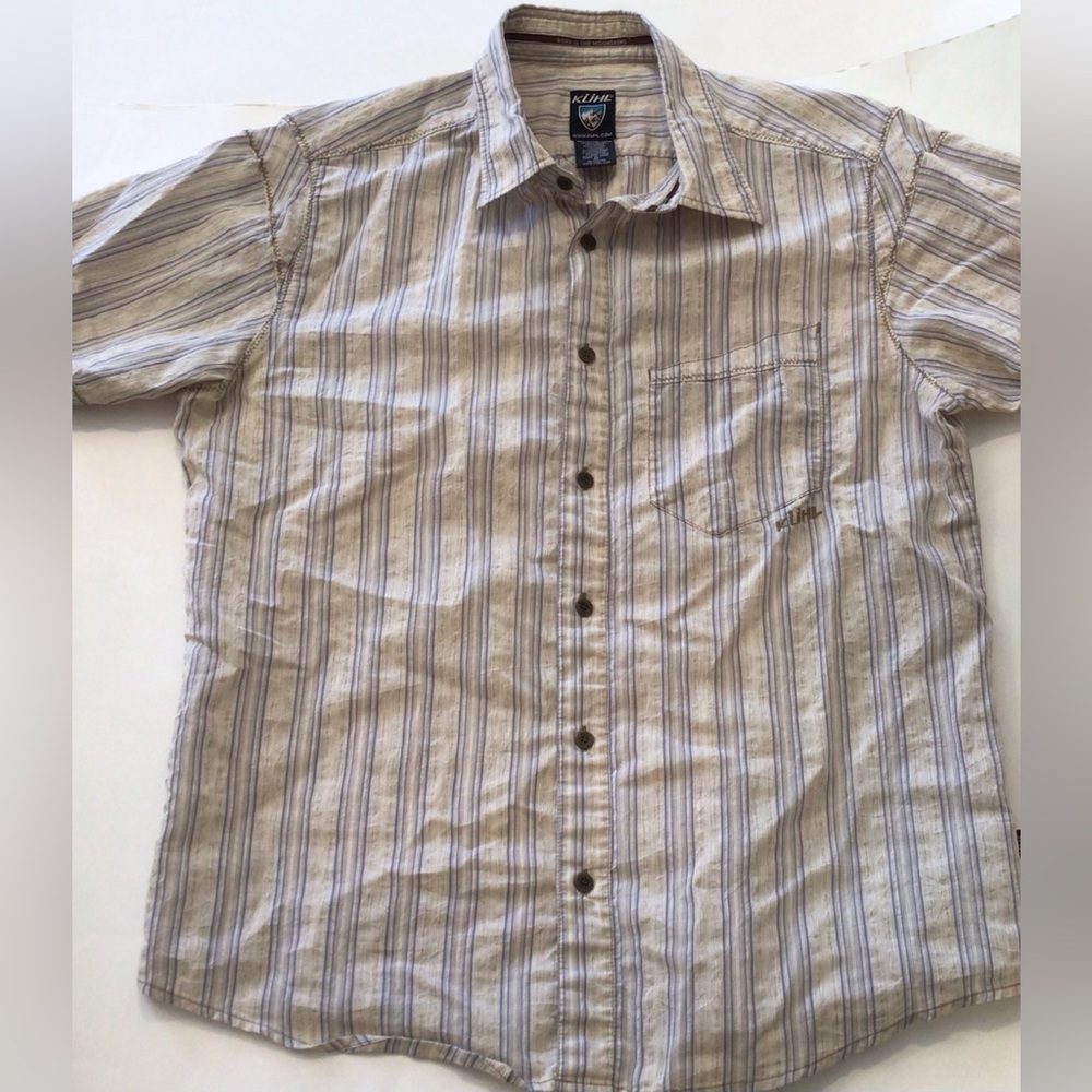 Kuhl Mens Medium Striped Button Up Short Sleeve Taupe Blue Lightweight Shirt